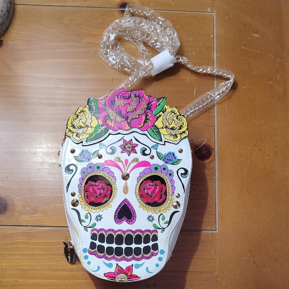 Betsey Johnson White Skull Crossbody Bag with Pink and Yellow Accents